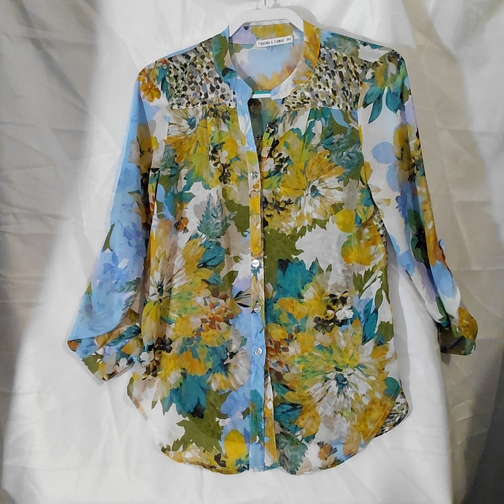 Floral Button-Up Blouse with Blue and Yellow Accents